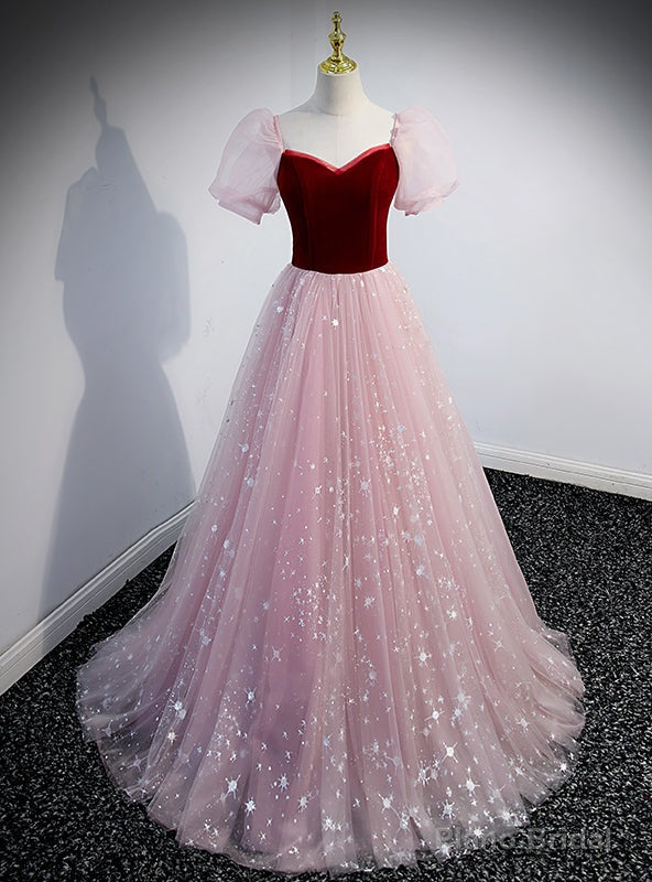 Pink Tulle Square Puff Sleeve Prom Dress Main image