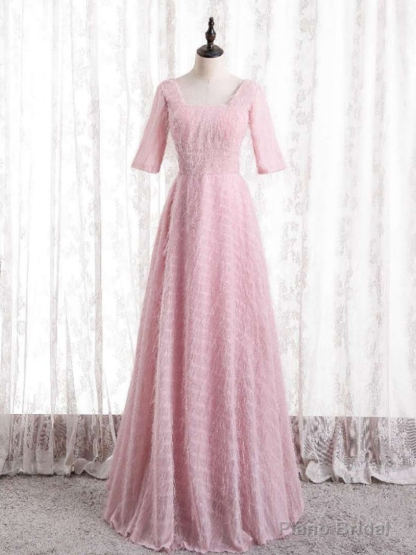 Pink Tulle Square Short Sleeve Prom Dress Main image