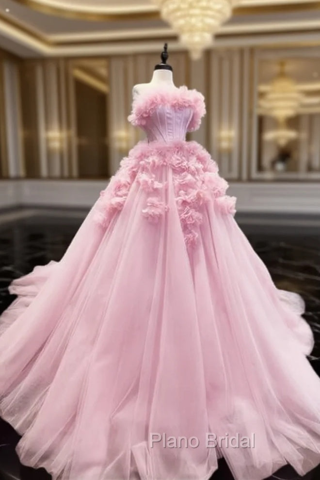Pink Tulle Strapless Ball Gown With 3D Flowers Main image