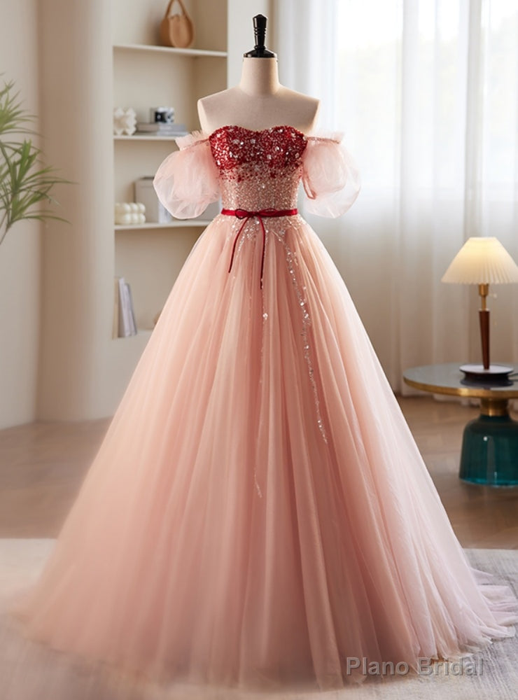 Pink Tulle Strapless Beading Sequins Prom Dress Main image