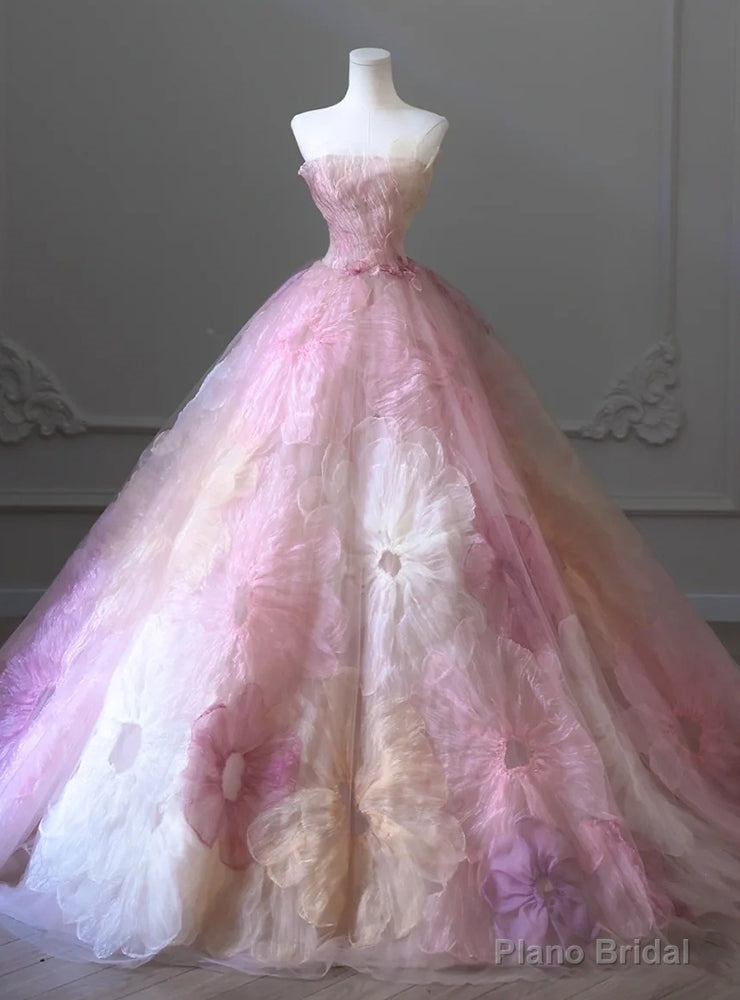 Pink Tulle Strapless Flower Prom Dress Main image
