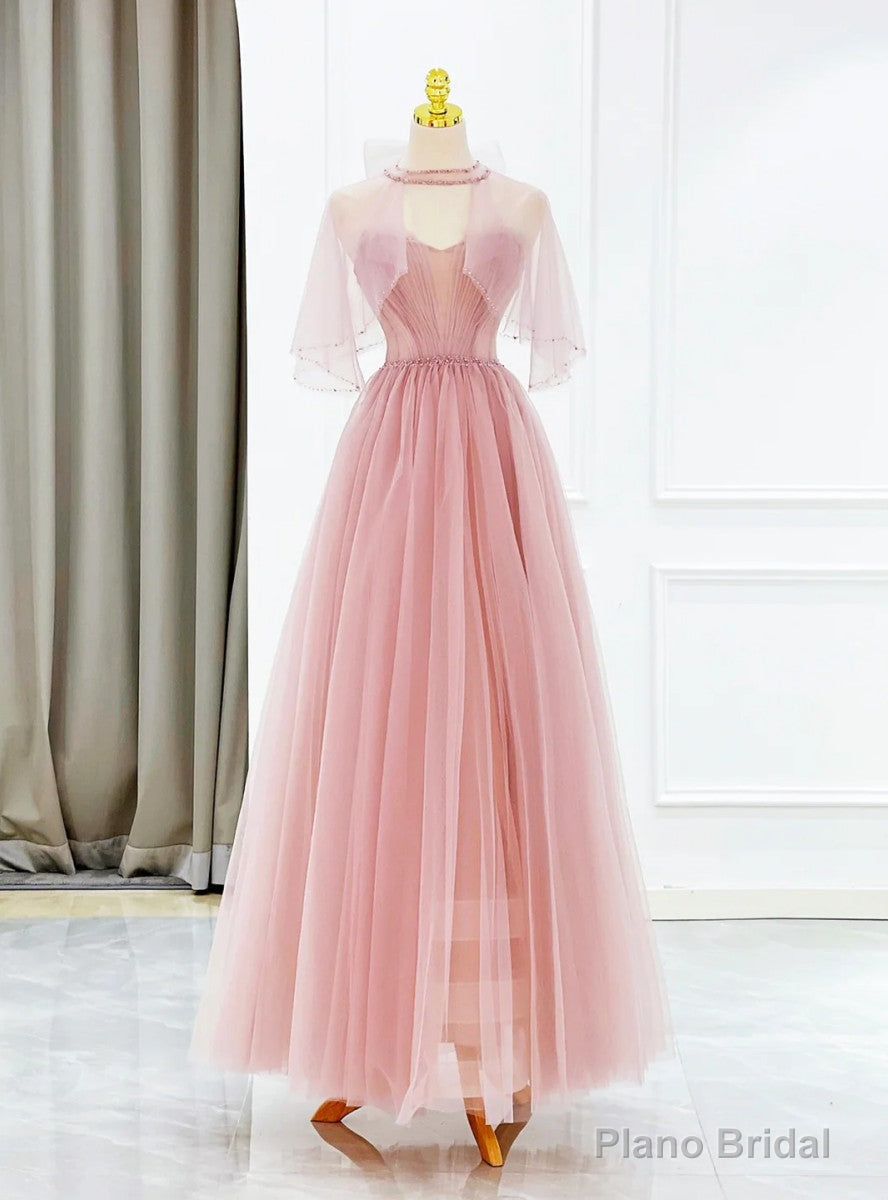 Pink Tulle Strapless Pleats Beading Prom Dress Main image