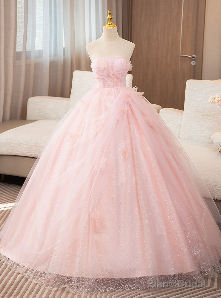 Pink Tulle Strapless Pleats Flower Quinceanera Dress Main image