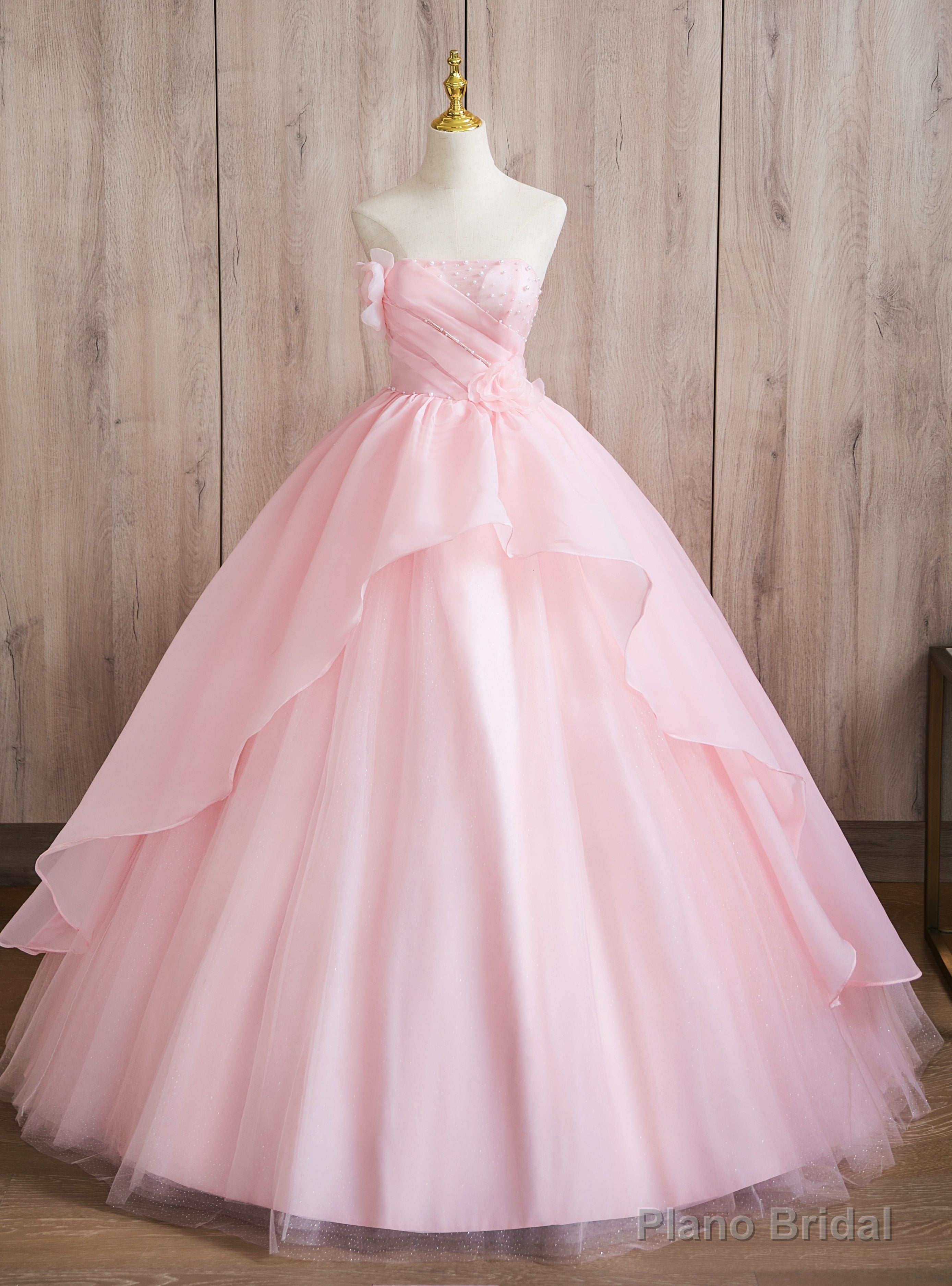 Pink Tulle Strapless Pleats Pearls Quinceanera Dress Main image
