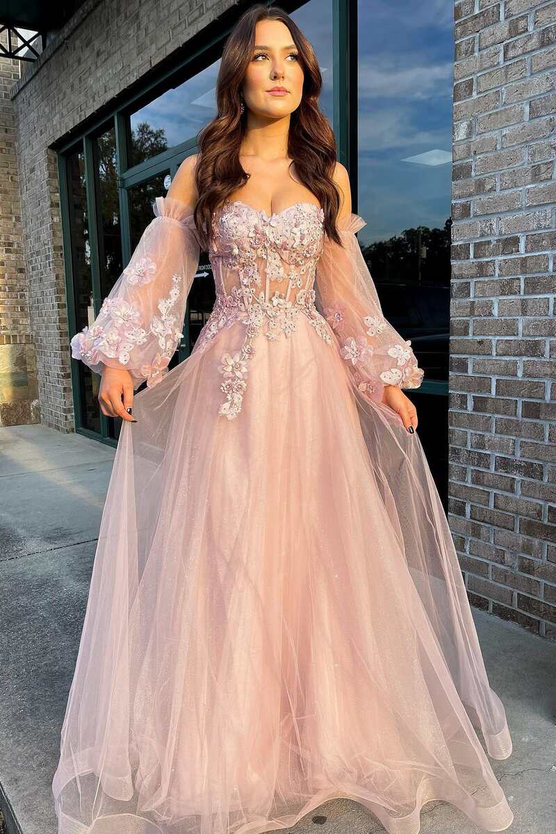 Pink Tulle Strapless Puff Sleeve A-Line Formal Prom Dresses