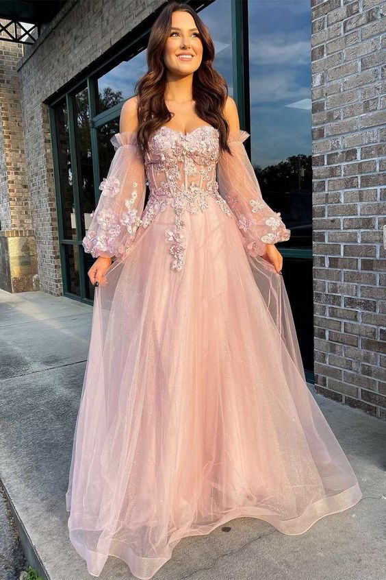 Pink Tulle Strapless Puff Sleeve A-Line Formal Prom Dresses Main image