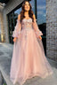 Pink Tulle Strapless Puff Sleeve A-Line Formal Prom Dresses