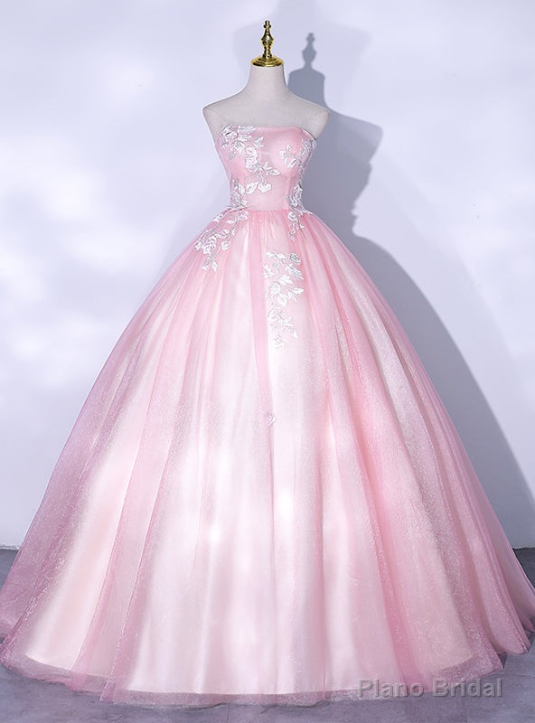 Pink Tulle Strapless White Appliques Quinceanera Dress Main image