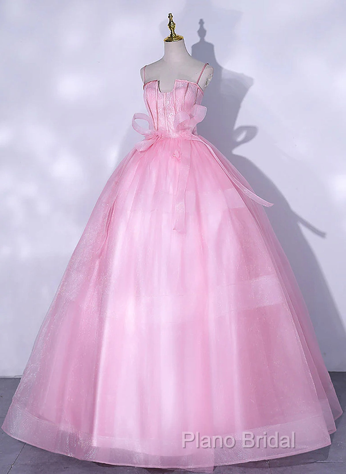 Pink Tulle Straps Ball Gown Long Sweet 16 Dresses, Pink Tulle Formal Dresses