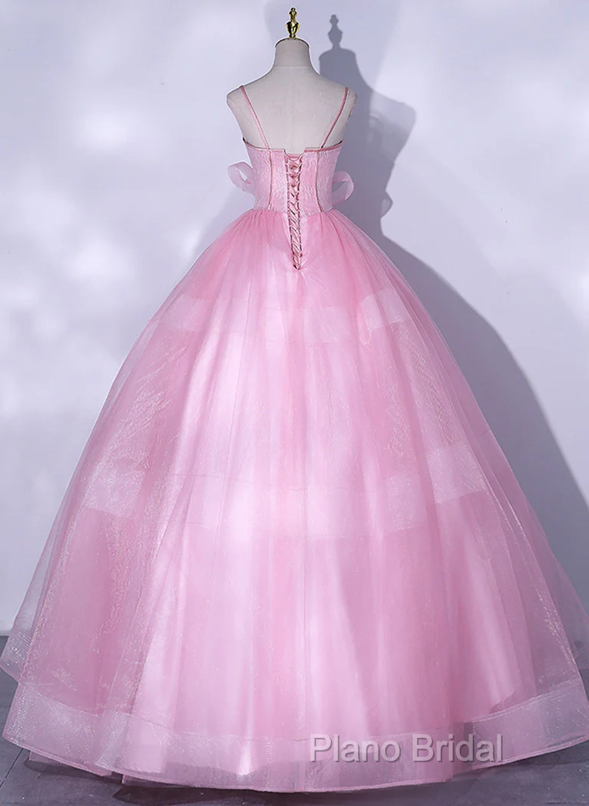 Pink Tulle Straps Ball Gown Long Sweet 16 Dresses, Pink Tulle Formal Dresses