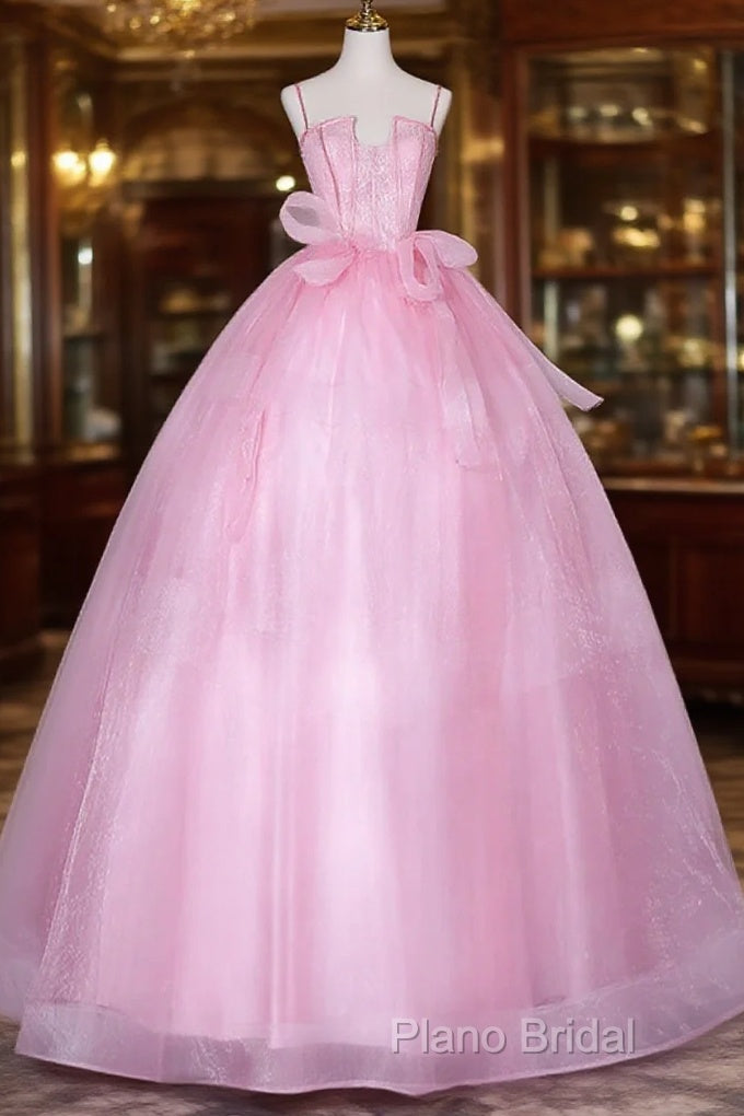 Pink Tulle Straps Ball Gown Long Sweet 16 Dresses, Pink Tulle Formal Dresses Main image