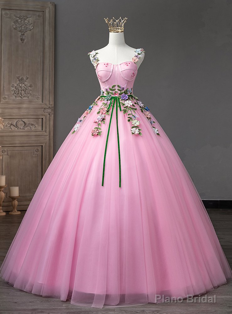 Pink Tulle Straps Flower Appliques Quinceanera Dress Main image