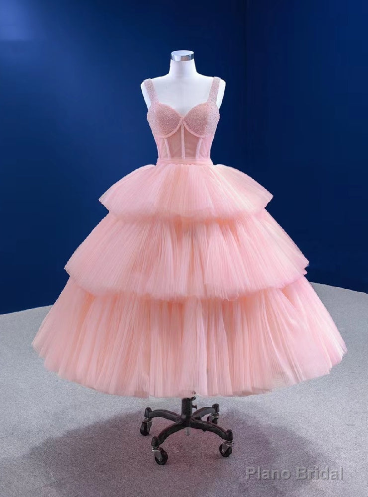 Pink Tulle Straps Tiers Beading Short Prom Dress Main image
