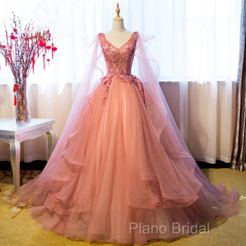 Pink Tulle Sweet 16 Party Dresses With Lace Applique, Long Formal Gown Secondary image