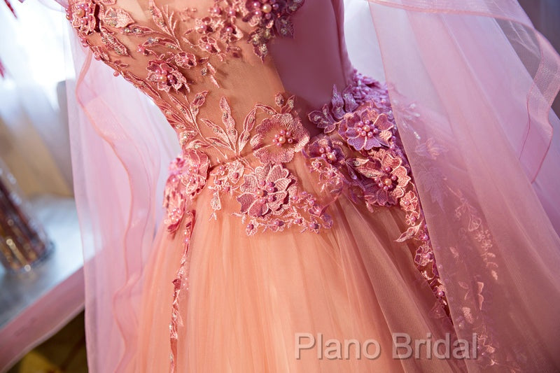 Pink Tulle Sweet 16 Party Dresses With Lace Applique, Long Formal Gown