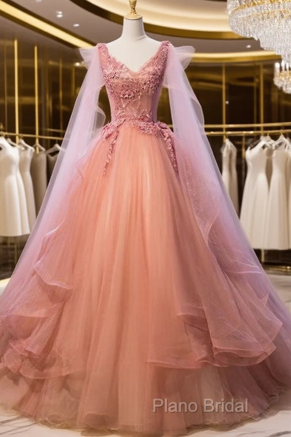 Pink Tulle Sweet 16 Party Dresses With Lace Applique, Long Formal Gown Main image