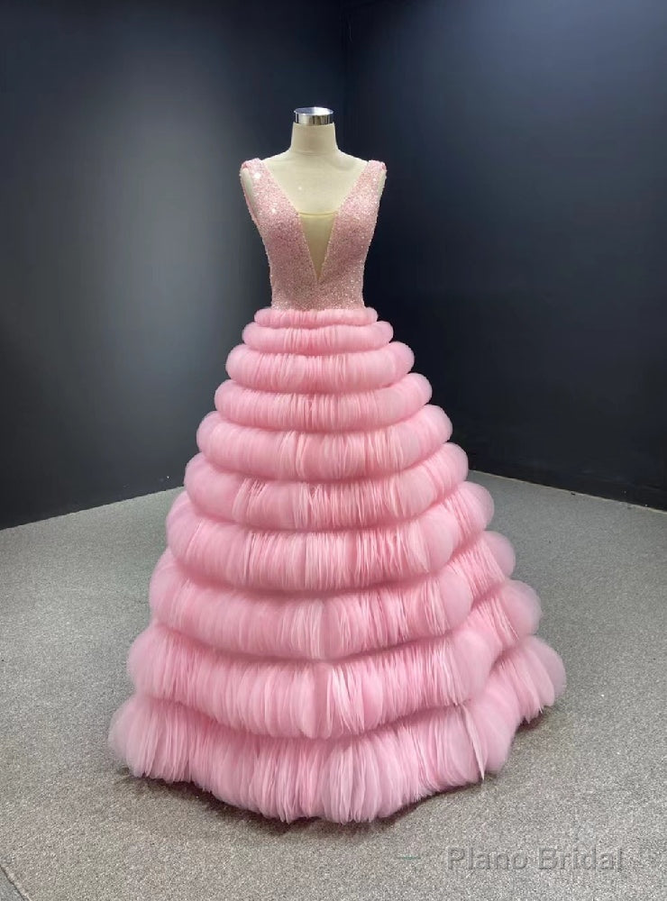 Pink Tulle Tiers V-neck Backless Beading Prom Dress Main image