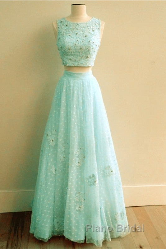 Pink Tulle Two Piece Formal Prom Dresses Lace Crop