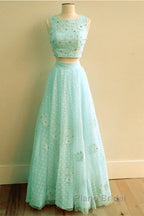 Pink Tulle Two Piece Formal Prom Dresses Lace Crop
