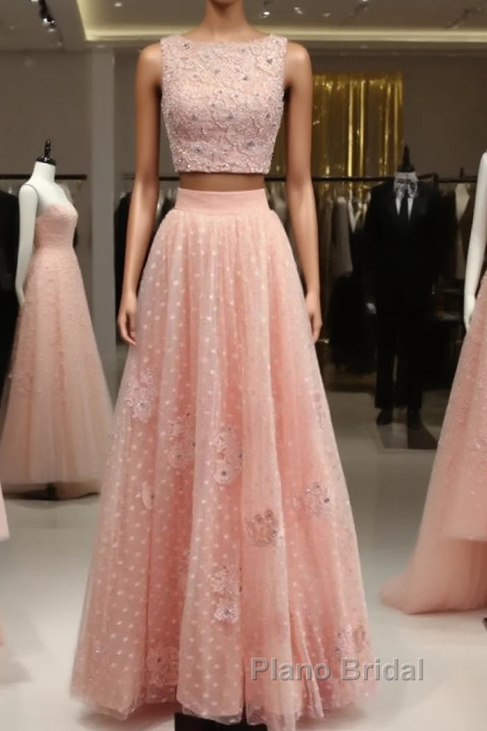 Pink Tulle Two Piece Formal Prom Dresses Lace Crop Main image