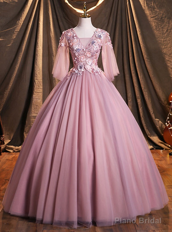 Pink Tulle V-neck Appliques Short Sleeve Quinceanera Dresses Main image