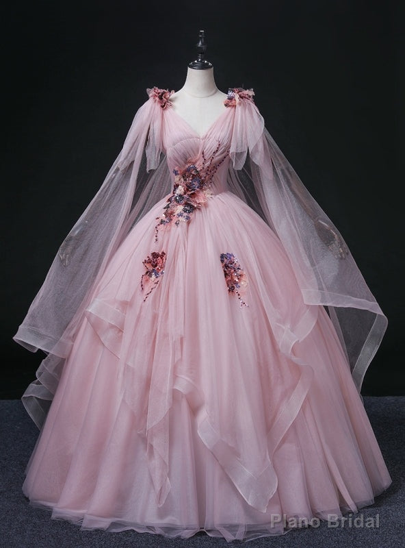 Pink Tulle V-neck Sequins Appliques Quinceanera Dress Main image