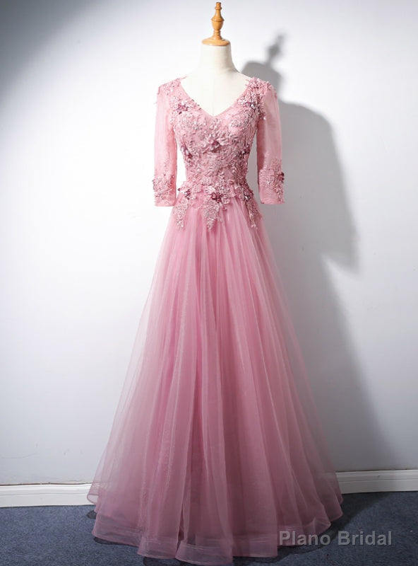 Pink Tulle V-neck Short Sleeve Appliques Beading Prom Dress
