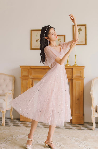 Pink Tulle V-Neckline Tea Length Homecoming Dresses, Cute Pink Short Formal Prom Dresses Secondary image