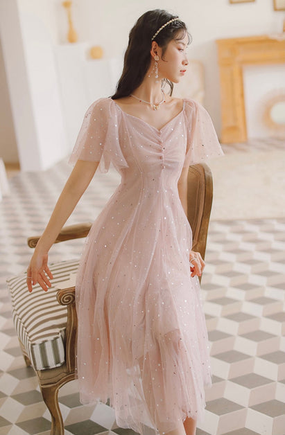 Pink Tulle V-Neckline Tea Length Homecoming Dresses, Cute Pink Short Formal Prom Dresses