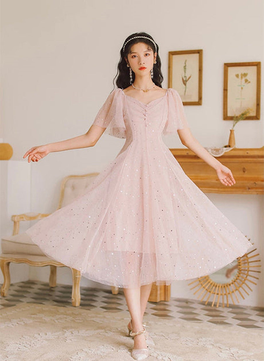 Pink Tulle V-Neckline Tea Length Homecoming Dresses, Cute Pink Short Formal Prom Dresses Main image