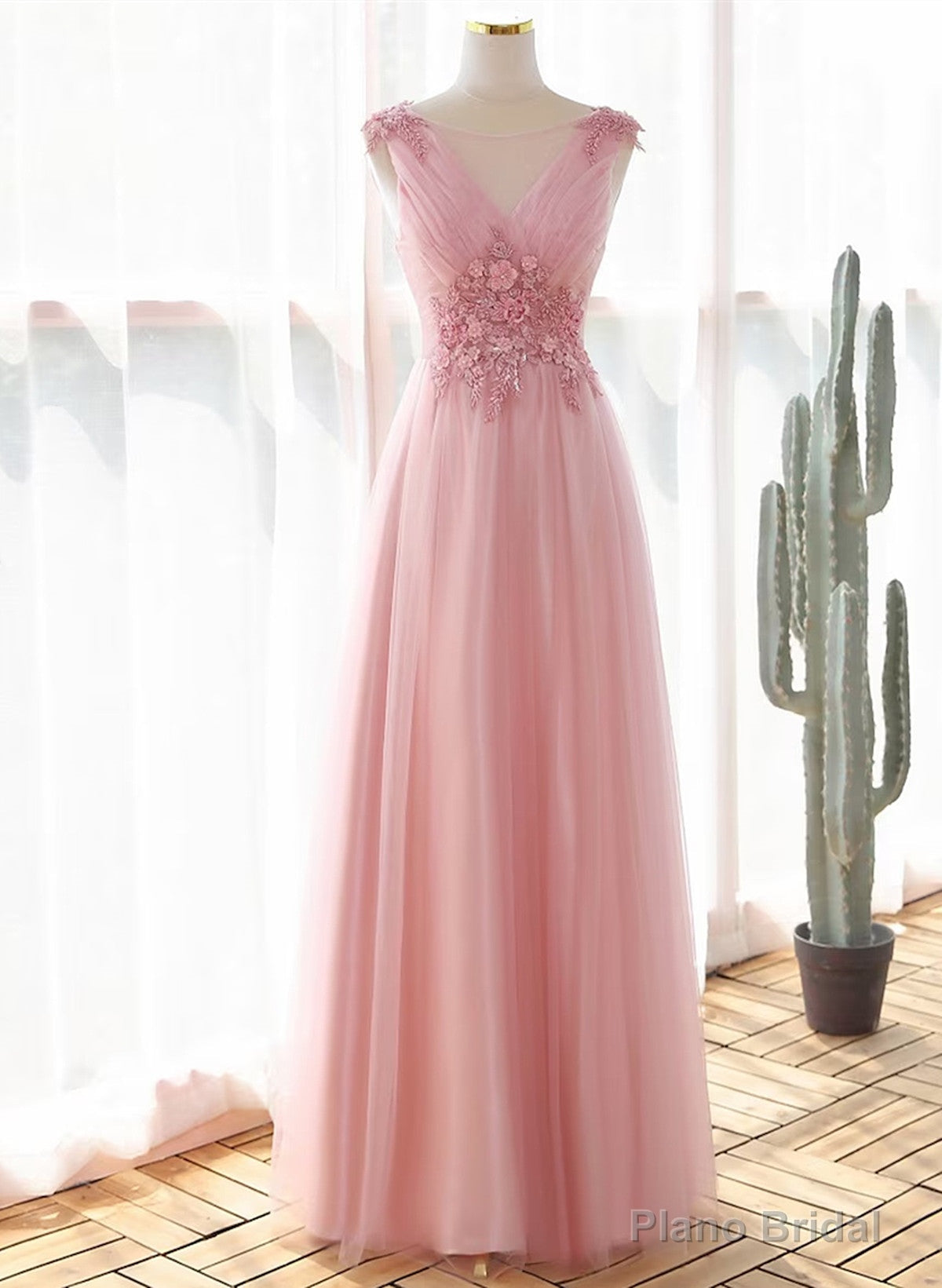 Pink Tulle V-neckline with Lace Long Party Dress, Pink Tulle Prom Dress Main image