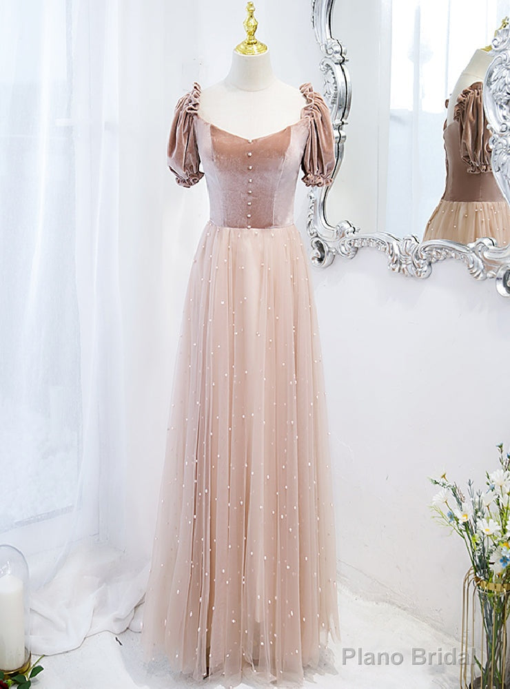 Pink Tulle Velvet Square Short Sleeve Prom Dress Main image