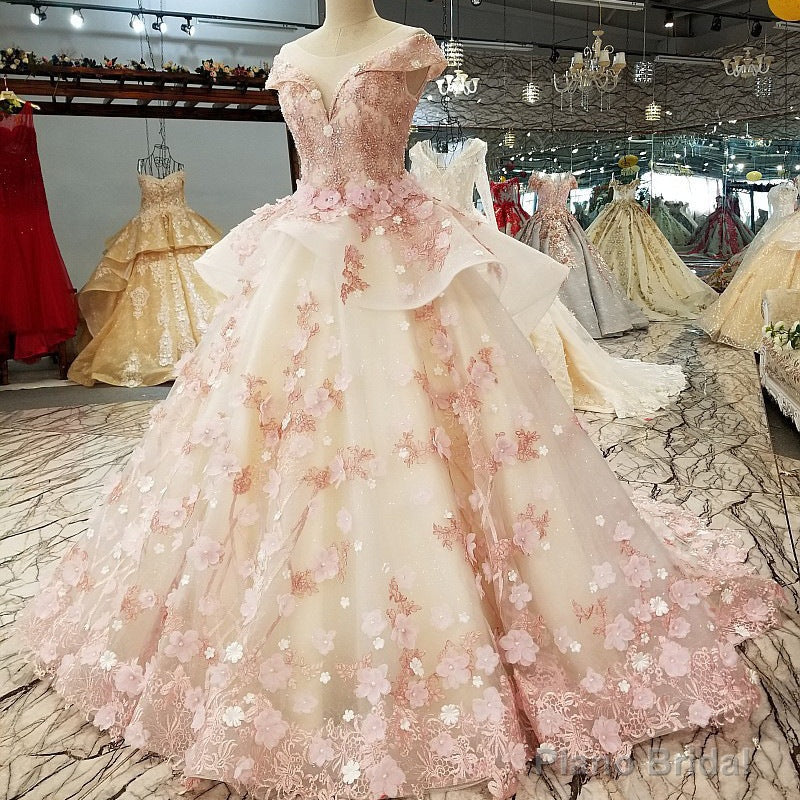 Pink Tulle with Flowers and Beaded Long Party Dress, Pink Sweet 16 Gown Main image