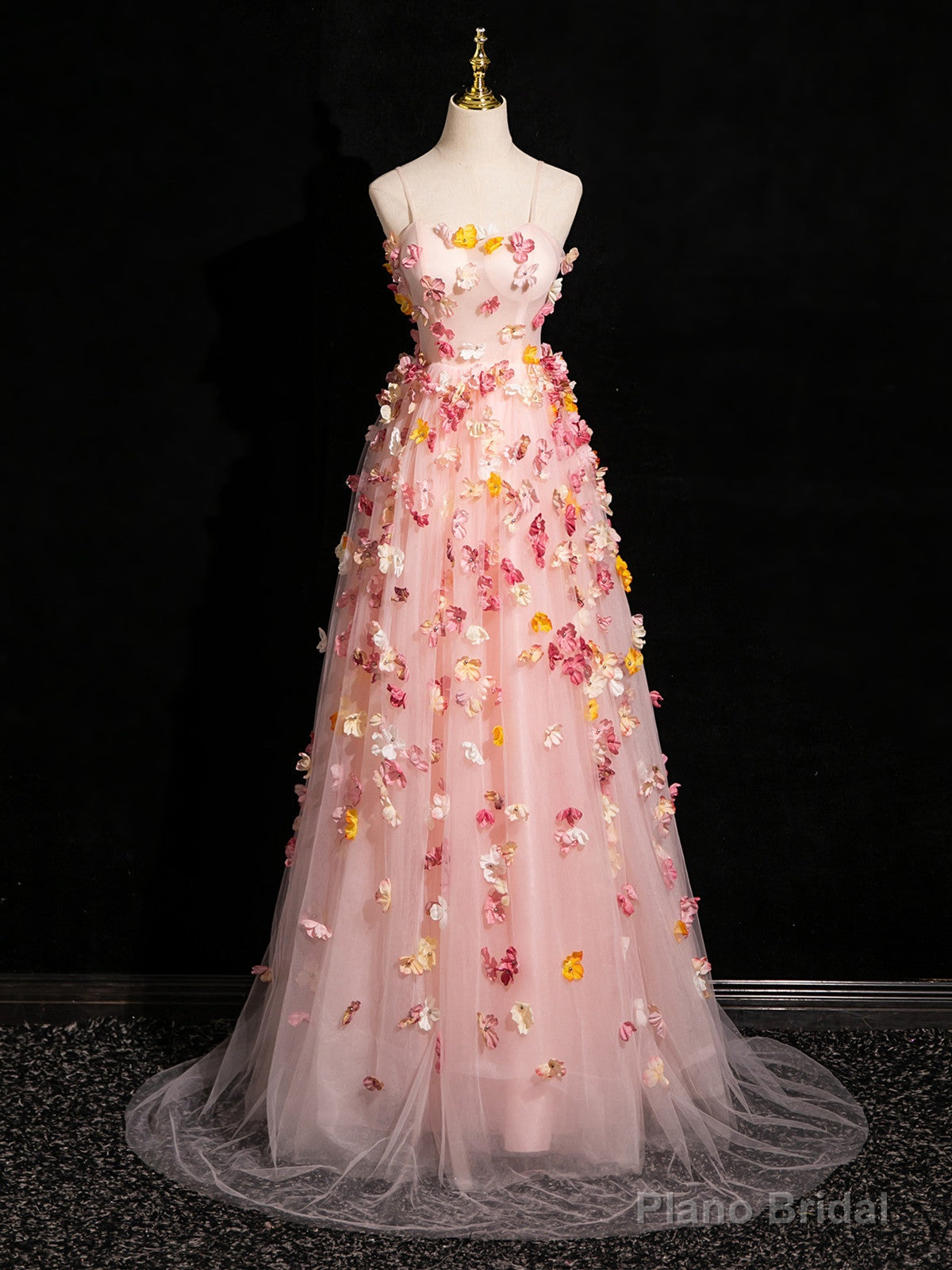 Pink Tulle with Flowers Sweetheart Straps Long Evening Dress, Pink Tulle Prom Dress Main image
