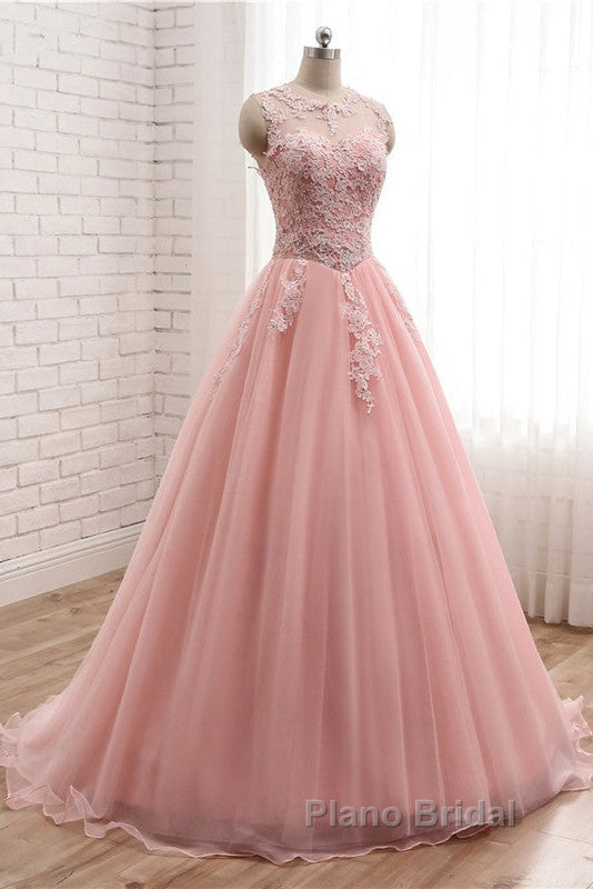 Pink Tulle With Lace Applique Ball Gown Open Back Evening Gown, Pink Formal Dresses Secondary image