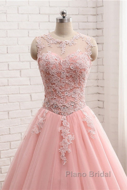 Pink Tulle With Lace Applique Ball Gown Open Back Evening Gown, Pink Formal Dresses