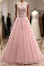 Pink Tulle With Lace Applique Ball Gown Open Back Evening Gown, Pink Formal Dresses