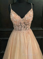Pink Tulle With Lace Applique Beaded V-Neckline Formal Prom Dresses, Pink Long Party Dresses