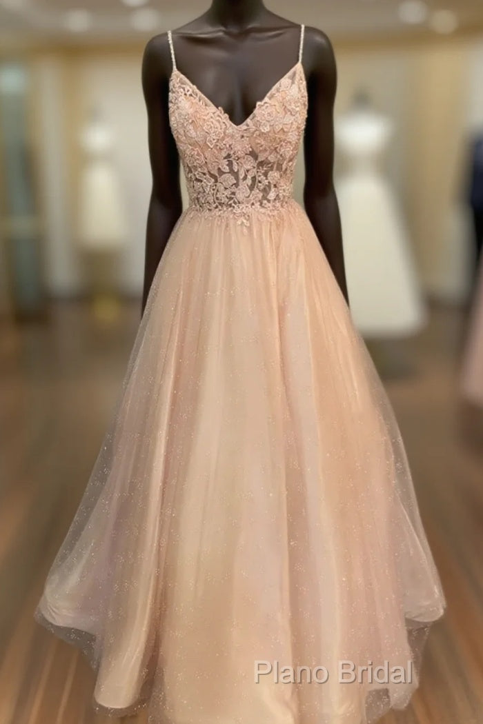 Pink Tulle With Lace Applique Beaded V-Neckline Formal Prom Dresses, Pink Long Party Dresses