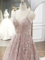 Pink Tulle With Lace Applique Low Back Formal Prom Dresses, Pink A-Line Tulle Party Dresses