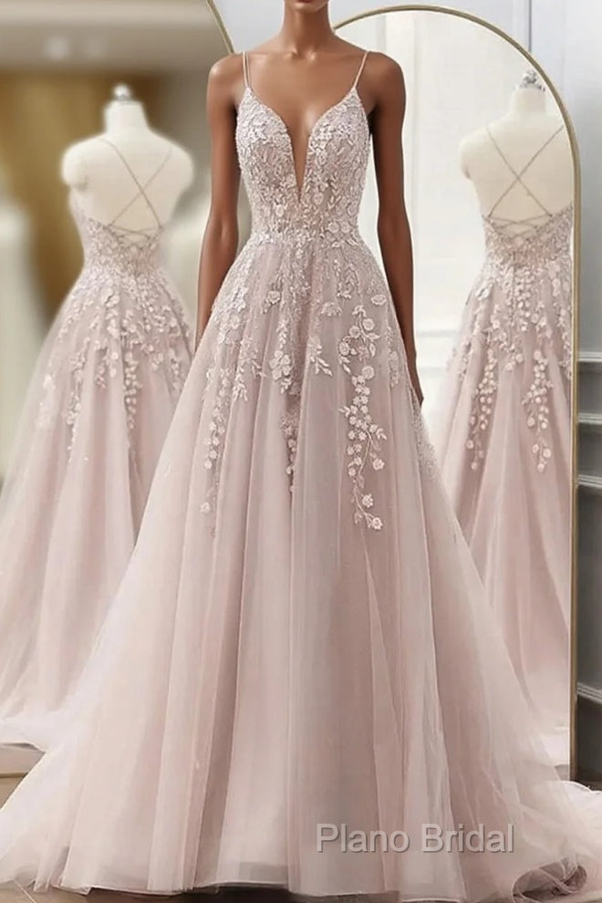 Pink Tulle With Lace Applique Low Back Formal Prom Dresses, Pink A-Line Tulle Party Dresses Main image