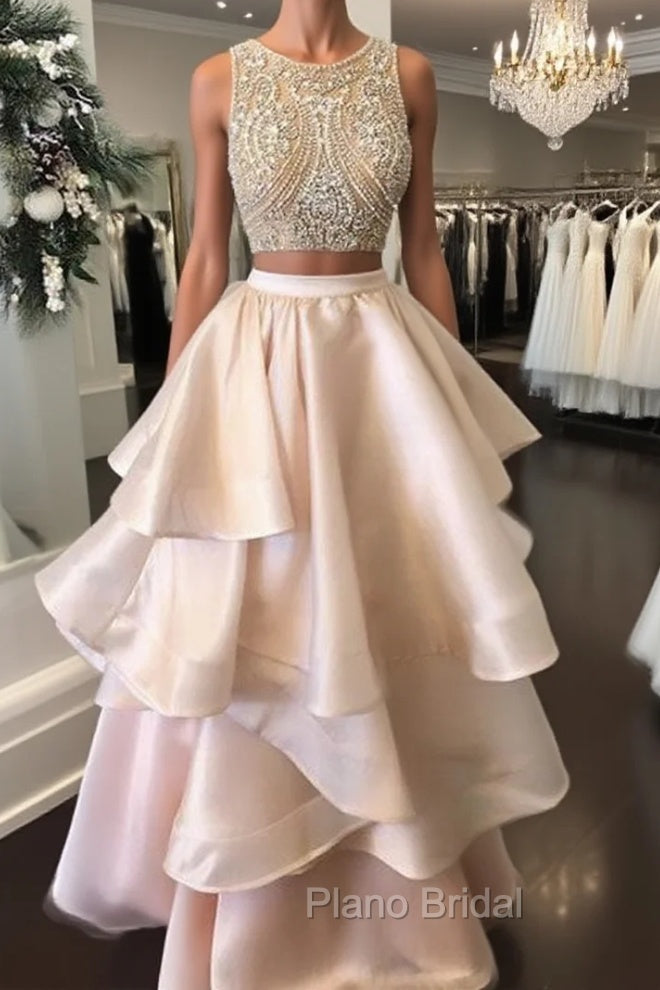 Pink Two Pieces Beaded Long Formal Prom Dresses, Pink Evening Dresses Main image