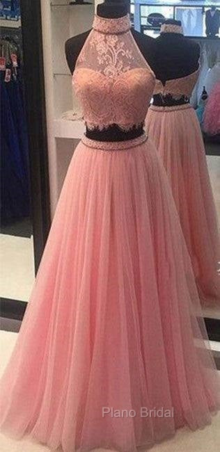 Pink Two Pieces Lace Tulle Long Formal Prom Dresses, Pink Evening Dresses