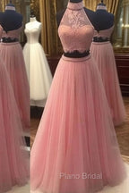 Pink Two Pieces Lace Tulle Long Formal Prom Dresses, Pink Evening Dresses