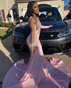 Pink Unique Long Formal Prom Dresses Mermaid Party Dresses