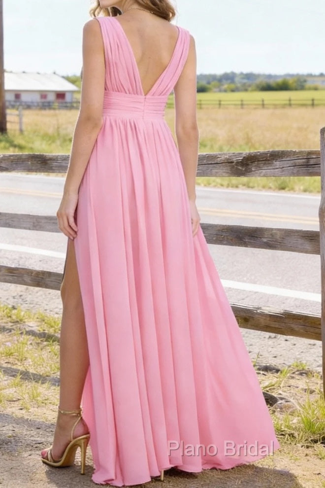 Pink V Neck Chiffon Floor Length Bridesmaid Dresses Long Bridesmaid Dress With Pleated Split Secondary image