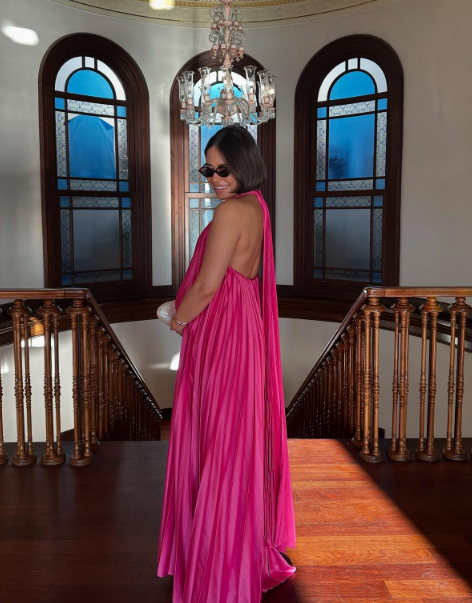 Pink/Green Fashion V-Neck Elegant Long Satin Formal Evening Dresses Party Dresses Wedding Guest Dresses Maternity Dresses
