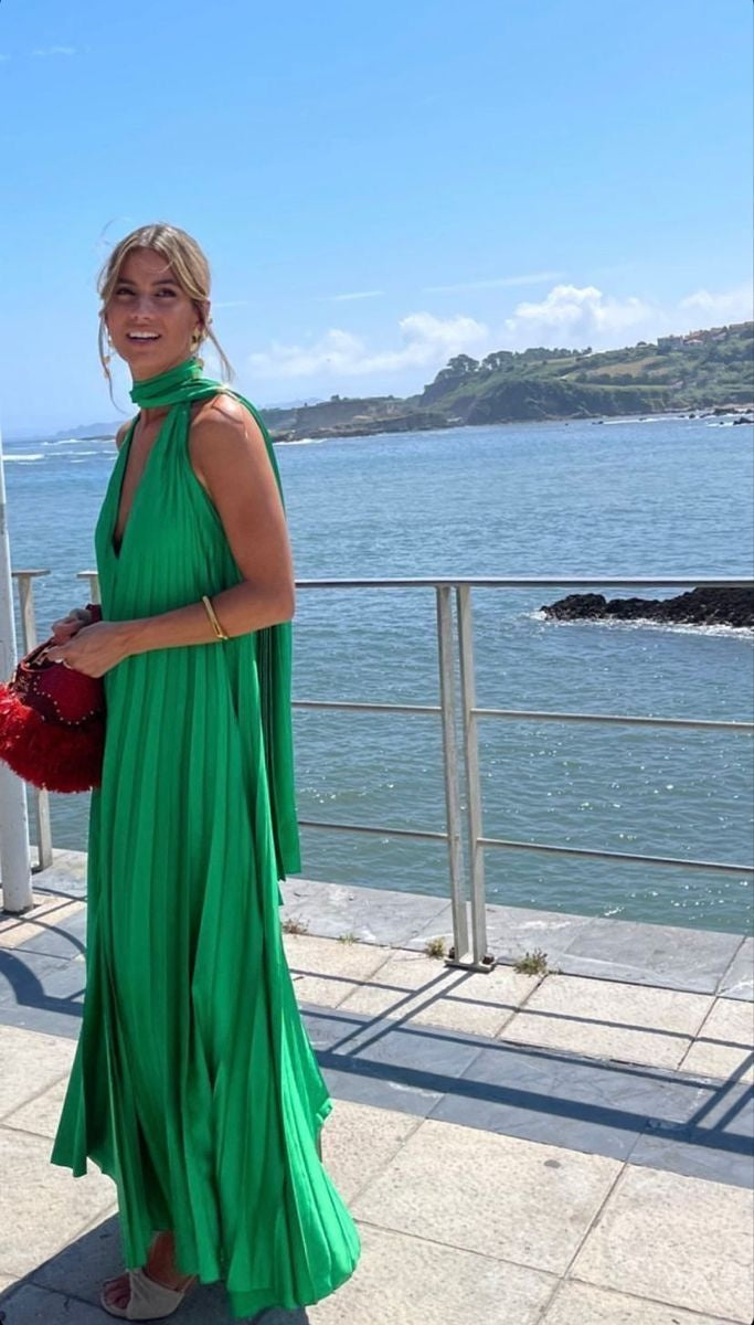 Pink/Green Fashion V-Neck Elegant Long Satin Formal Evening Dresses Party Dresses Wedding Guest Dresses Maternity Dresses