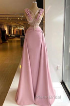 Pink V-Neck Fitted Satin Lace Long Formal Prom Dresses