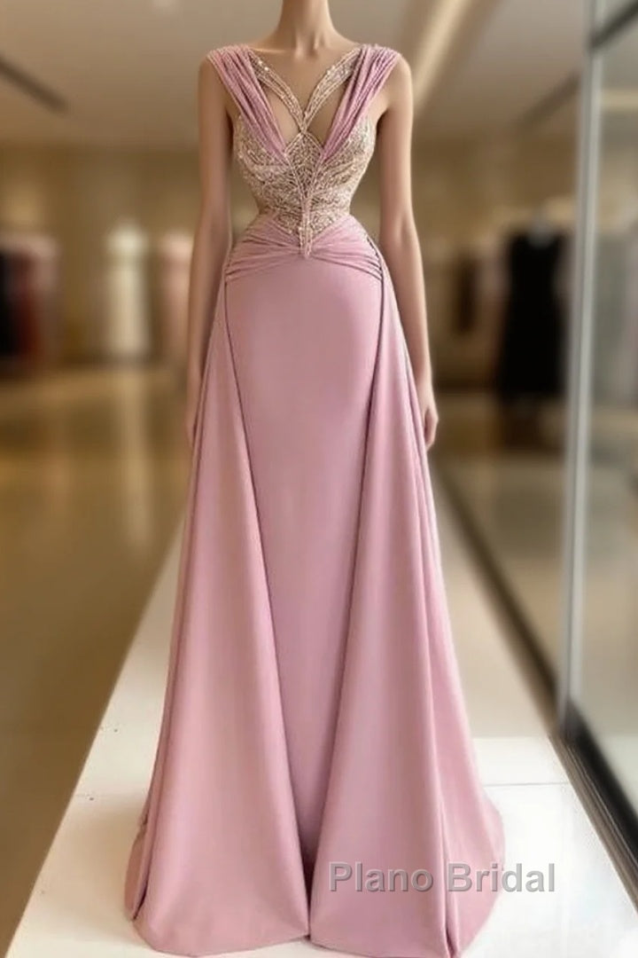 Pink V-Neck Fitted Satin Lace Long Formal Prom Dresses Main image